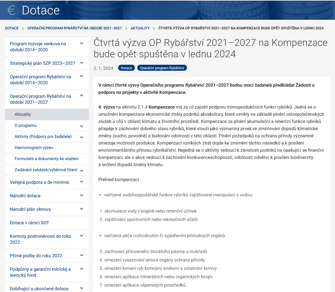 Čtvrtá výzva OP Rybářství 2021–2027 na Kompenzace bude opět spuštěna v lednu 2024